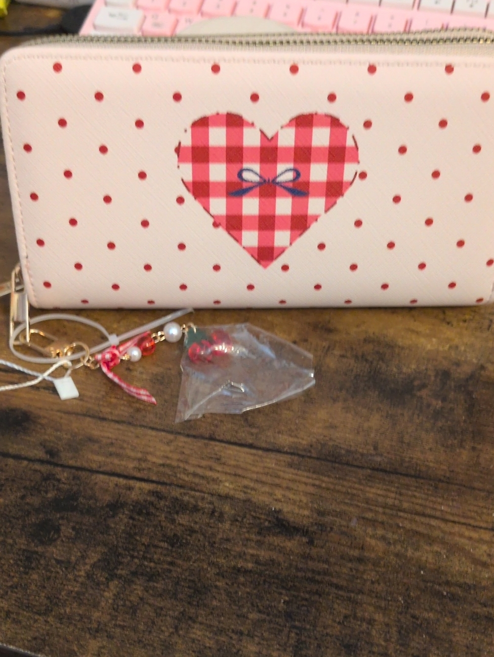 Pink Polka Dot Heart Zip Wallet With Keychain With Cherry's  New Double Zip